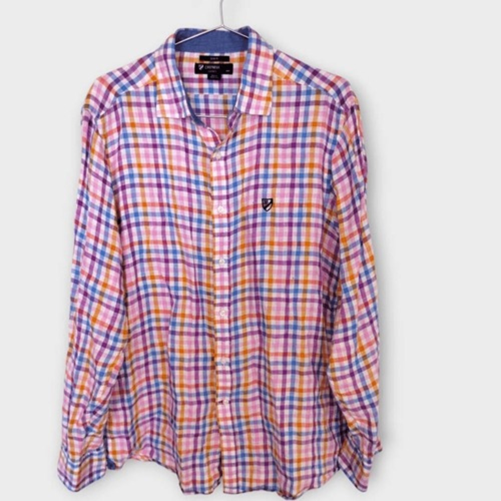 Cremieux Mens XL Slim Fit Linen Plaid Long Sleeve Button‎ Down Preppy Shirt